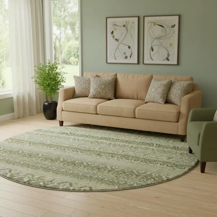 8' Green And Charcoal Striped Washable Round Rug With UV Protection Photo 2