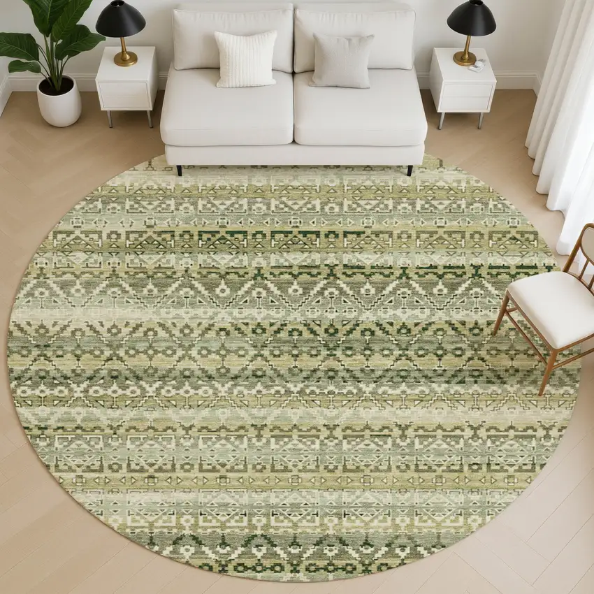 8' Green And Charcoal Striped Washable Round Rug With UV Protection Photo 5