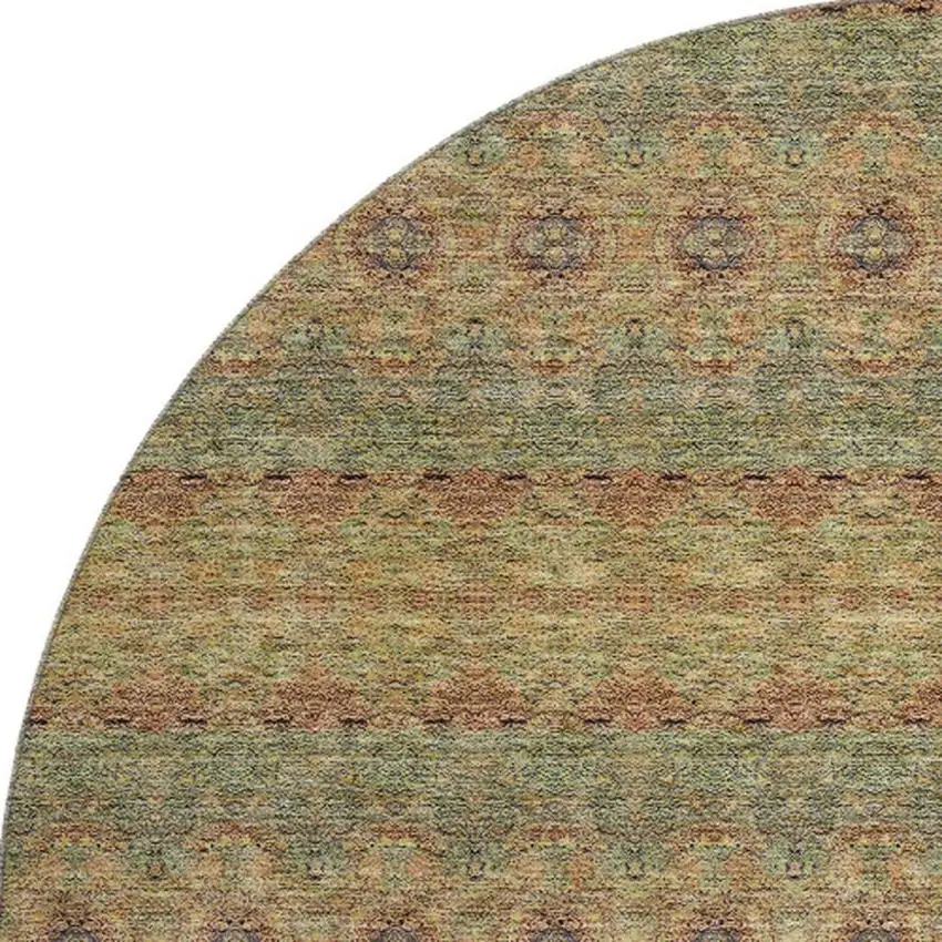 8' Green And Copper Floral Medallion Washable Round Rug With UV Protection Photo 4