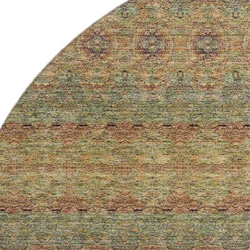 8' Green And Copper Floral Medallion Washable Round Rug With UV Protection Photo 3