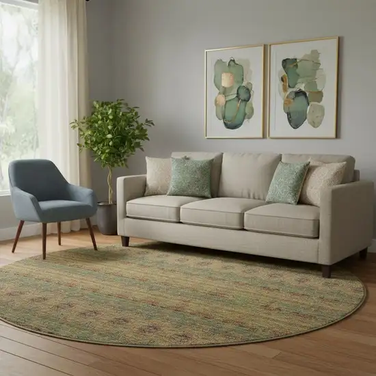 8' Green And Copper Floral Medallion Washable Round Rug With UV Protection Photo 1