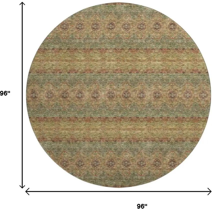 8' Green And Copper Floral Medallion Washable Round Rug With UV Protection Photo 3