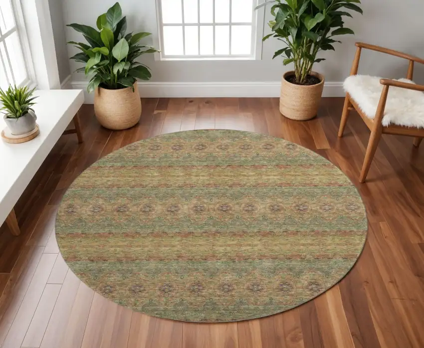 8' Green And Copper Floral Medallion Washable Round Rug With UV Protection Photo 2