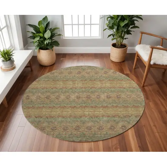 8' Green And Copper Floral Medallion Washable Round Rug With UV Protection Photo 2