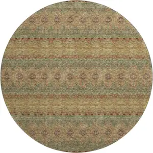 Photo of 8' Green And Copper Floral Medallion Washable Round Rug With UV Protection