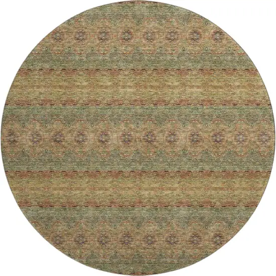 8' Green And Copper Floral Medallion Washable Round Rug With UV Protection Photo 1