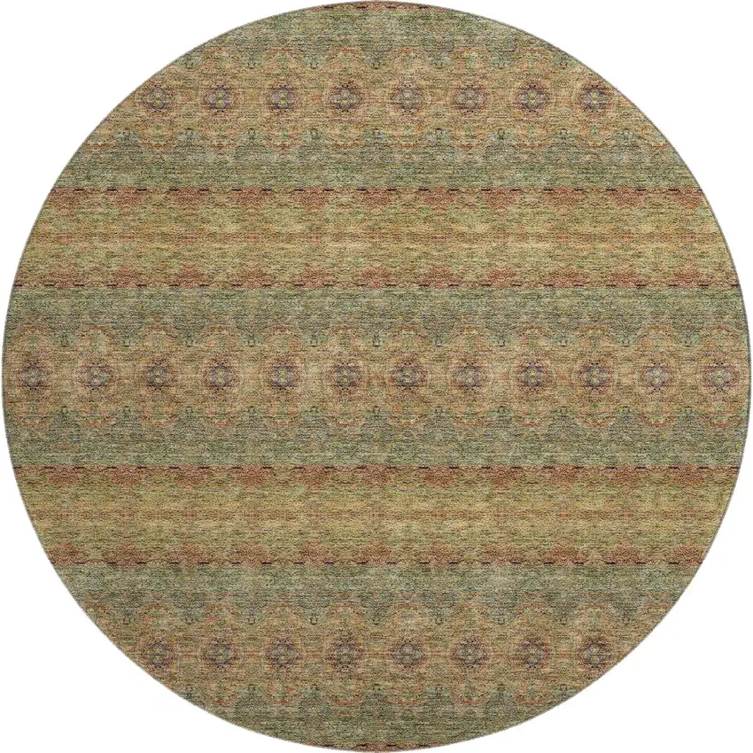 8' Green And Copper Floral Medallion Washable Round Rug With UV Protection Photo 1