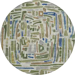 Photo of 8' Green And Copper Round Abstract Washable Indoor Outdoor Area Rug