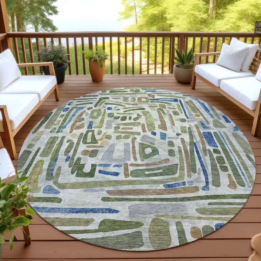 8' Green And Copper Round Abstract Washable Indoor Outdoor Area Rug Photo 4