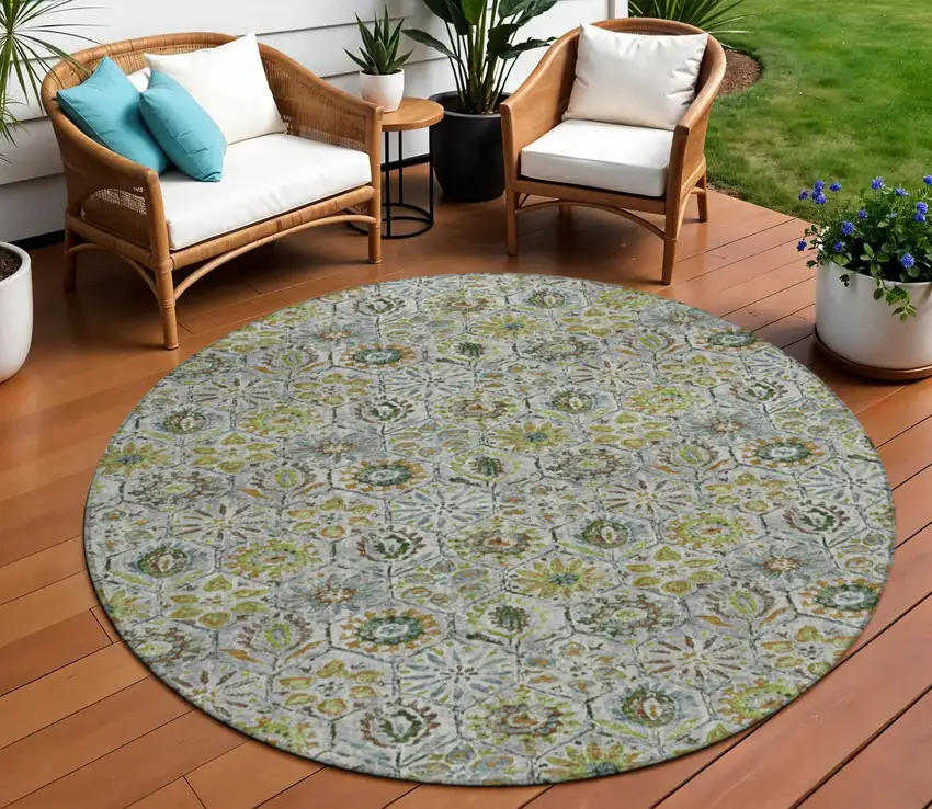 8' Green And Copper Round Floral Washable Indoor Outdoor Area Rug Photo 2