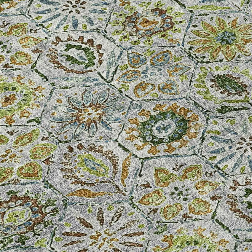 8' Green And Copper Round Floral Washable Indoor Outdoor Area Rug Photo 8