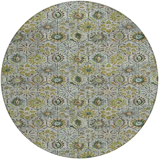 8' Green And Copper Round Floral Washable Indoor Outdoor Area Rug Photo 1