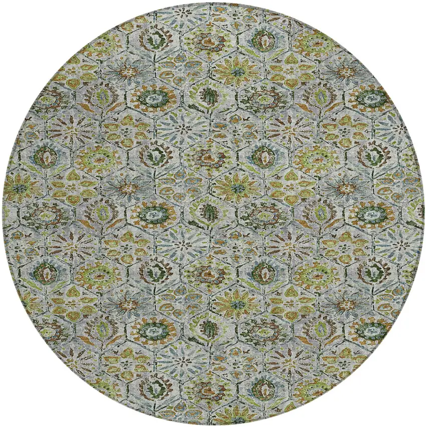 8' Green And Copper Round Floral Washable Indoor Outdoor Area Rug Photo 1