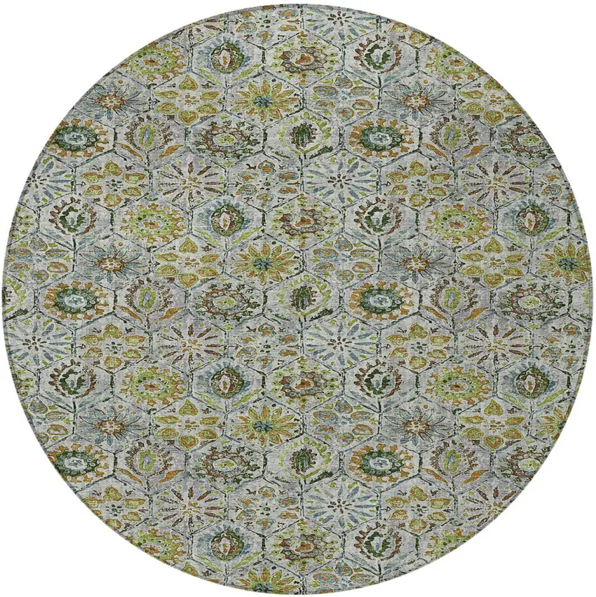 8' Green And Copper Round Floral Washable Indoor Outdoor Area Rug Photo 3