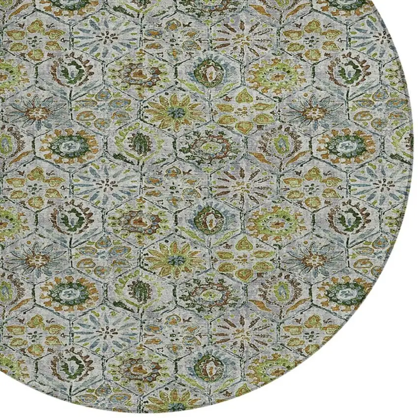 8' Green And Copper Round Floral Washable Indoor Outdoor Area Rug Photo 9