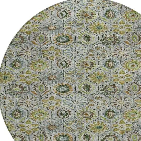 8' Green And Copper Round Floral Washable Indoor Outdoor Area Rug Photo 4