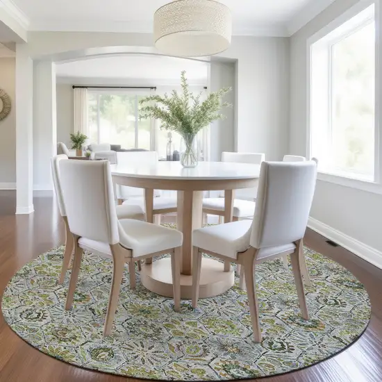 8' Green And Copper Round Floral Washable Indoor Outdoor Area Rug Photo 6