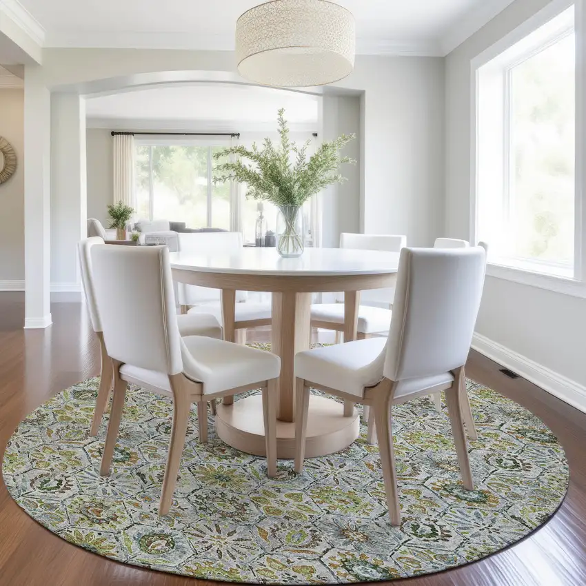 8' Green And Copper Round Floral Washable Indoor Outdoor Area Rug Photo 6