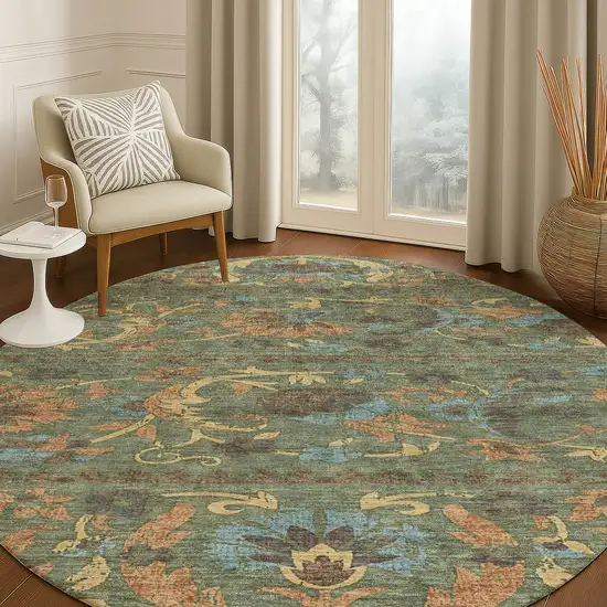 8' Green And Copper Round Floral Washable Indoor Outdoor Area Rug Photo 5