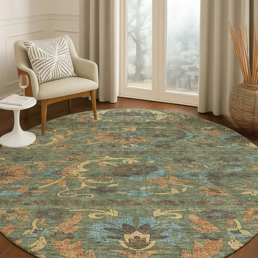 8' Green And Copper Round Floral Washable Indoor Outdoor Area Rug Photo 5