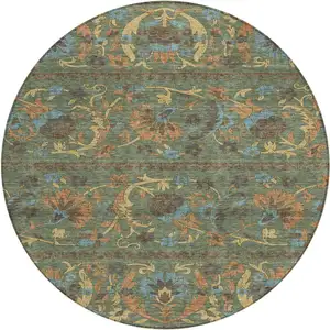 Photo of 8' Green And Copper Round Floral Washable Indoor Outdoor Area Rug