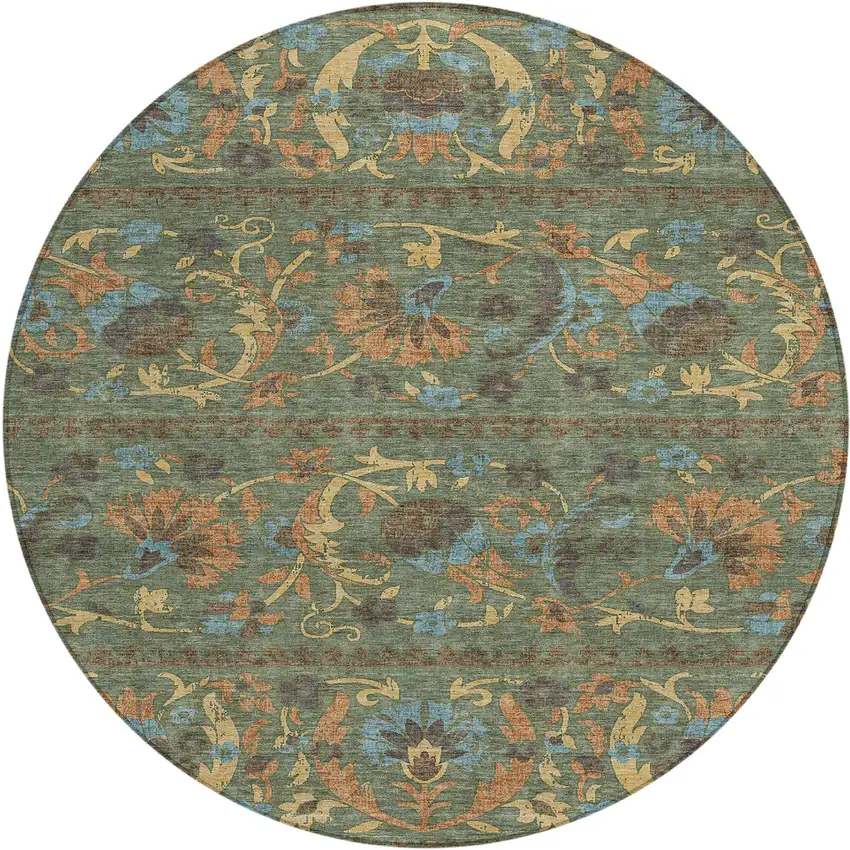 8' Green And Copper Round Floral Washable Indoor Outdoor Area Rug Photo 1