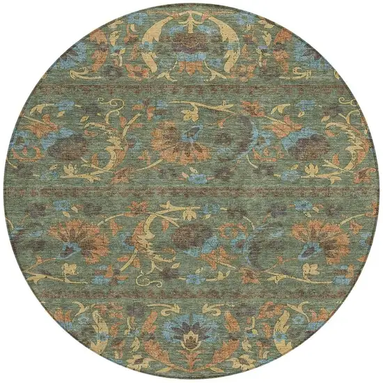 8' Green And Copper Round Floral Washable Indoor Outdoor Area Rug Photo 3