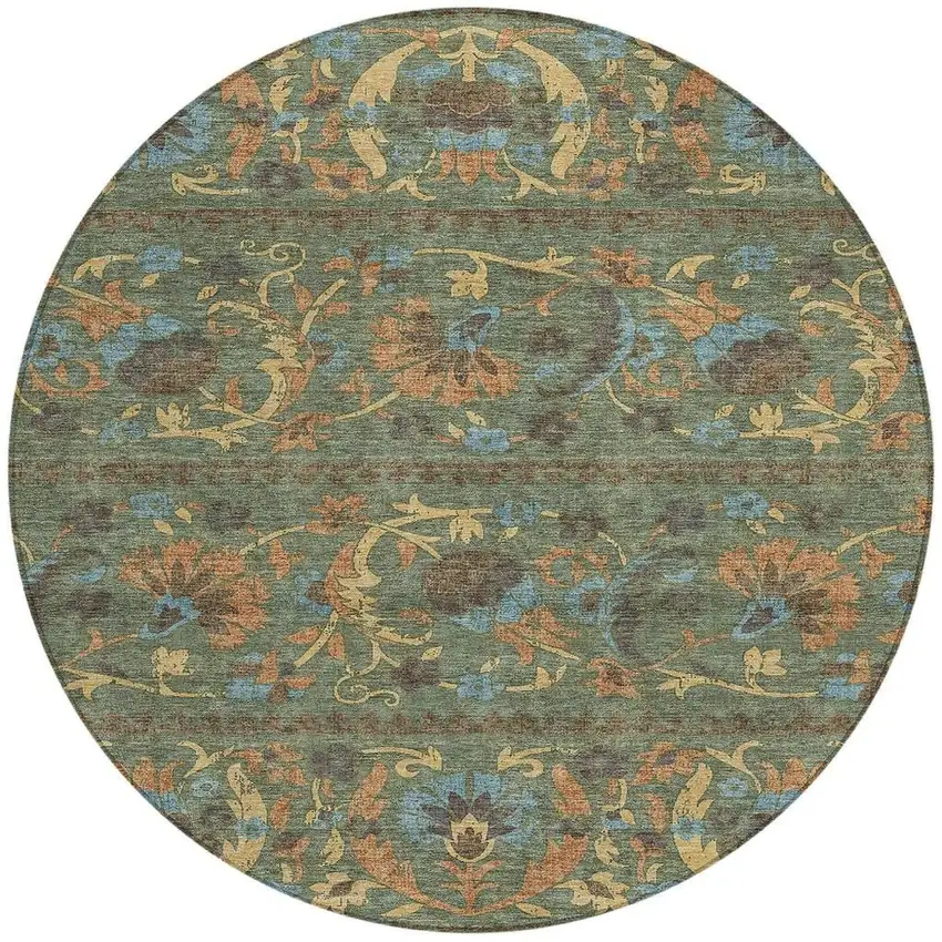 8' Green And Copper Round Floral Washable Indoor Outdoor Area Rug Photo 3