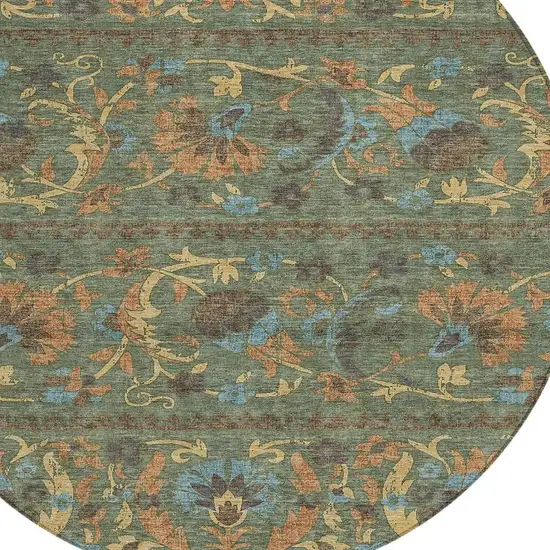 8' Green And Copper Round Floral Washable Indoor Outdoor Area Rug Photo 2