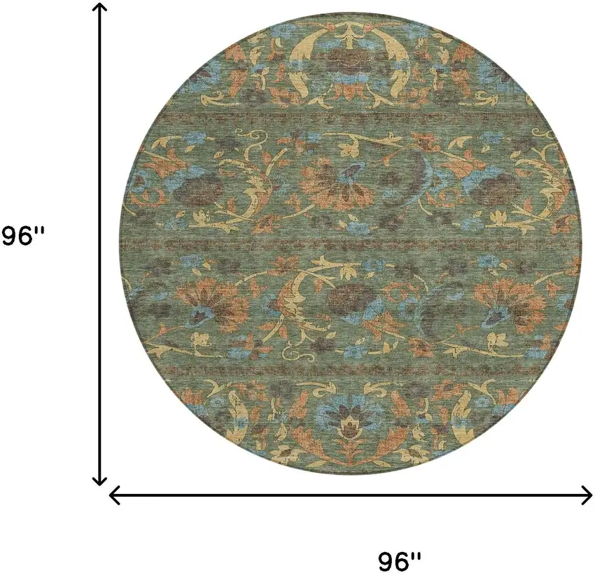 8' Green And Copper Round Floral Washable Indoor Outdoor Area Rug Photo 8