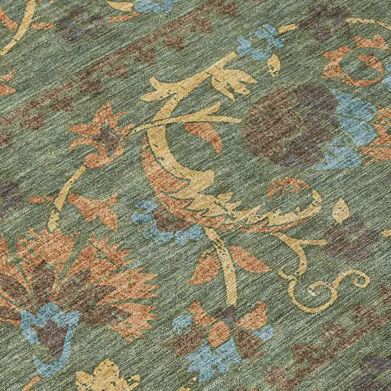 8' Green And Copper Round Floral Washable Indoor Outdoor Area Rug Photo 7