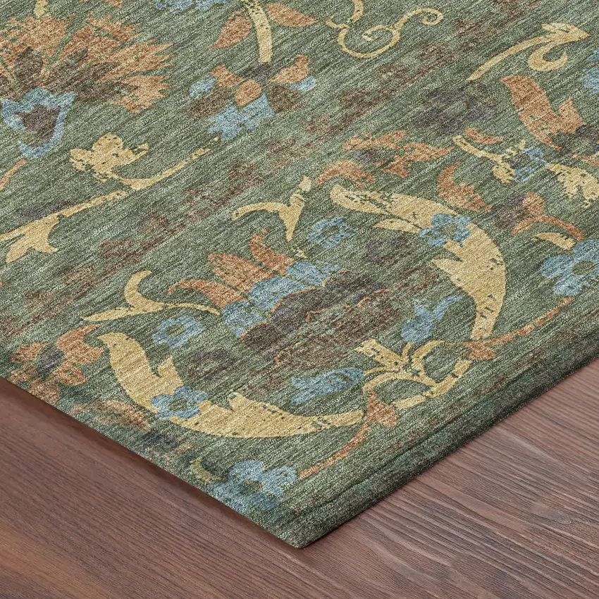 8' Green And Copper Round Floral Washable Indoor Outdoor Area Rug Photo 6