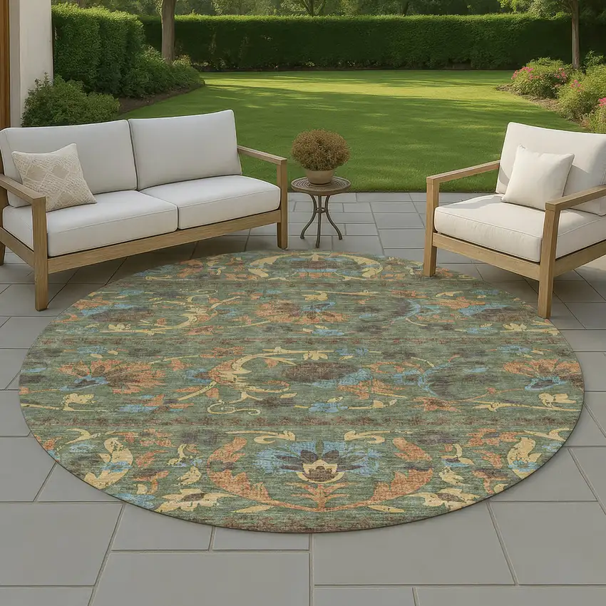 8' Green And Copper Round Floral Washable Indoor Outdoor Area Rug Photo 4