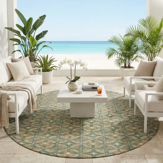 8' Green And Copper Round Geometric Washable Indoor Outdoor Area Rug Photo 1