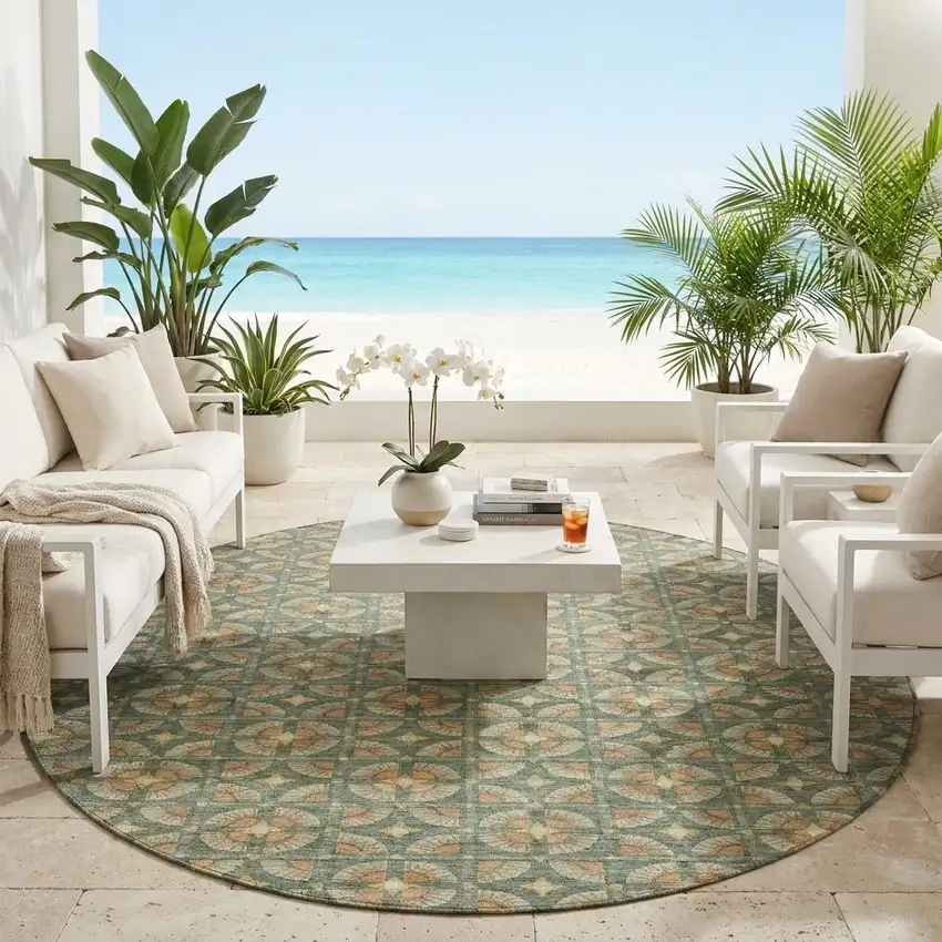 8' Green And Copper Round Geometric Washable Indoor Outdoor Area Rug Photo 1
