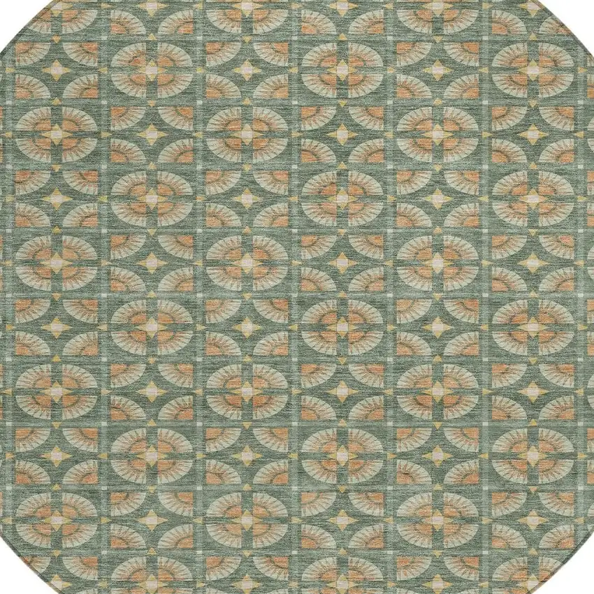 8' Green And Copper Round Geometric Washable Indoor Outdoor Area Rug Photo 3