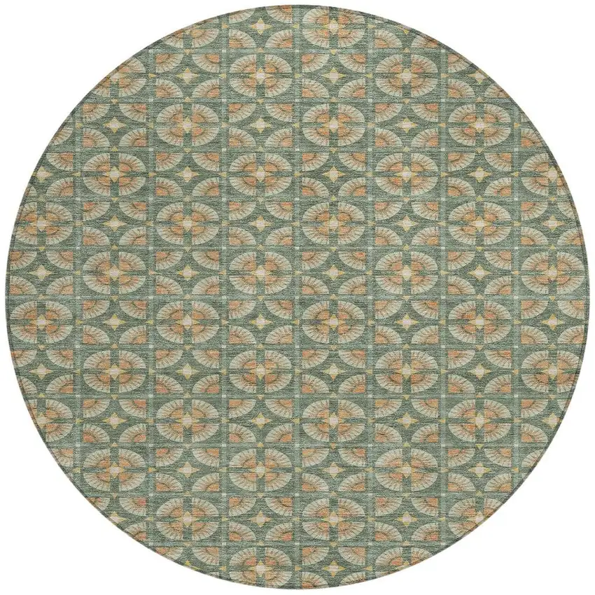 8' Green And Copper Round Geometric Washable Indoor Outdoor Area Rug Photo 4