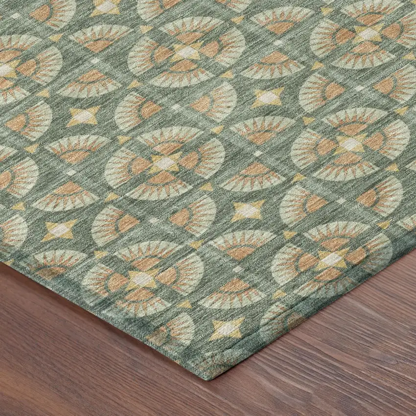 8' Green And Copper Round Geometric Washable Indoor Outdoor Area Rug Photo 5