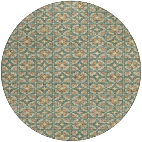 8' Green And Copper Round Geometric Washable Indoor Outdoor Area Rug Photo 2