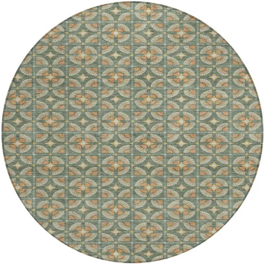 8' Green And Copper Round Geometric Washable Indoor Outdoor Area Rug Photo 2