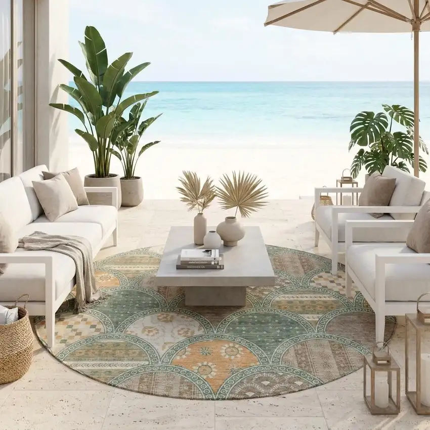 8' Green And Copper Round Geometric Washable Indoor Outdoor Area Rug Photo 1