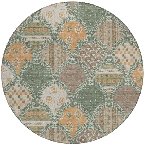 8' Green And Copper Round Geometric Washable Indoor Outdoor Area Rug Photo 2