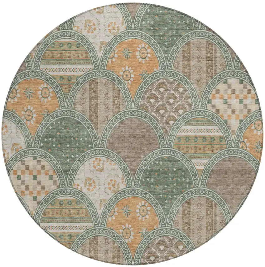 8' Green And Copper Round Geometric Washable Indoor Outdoor Area Rug Photo 2