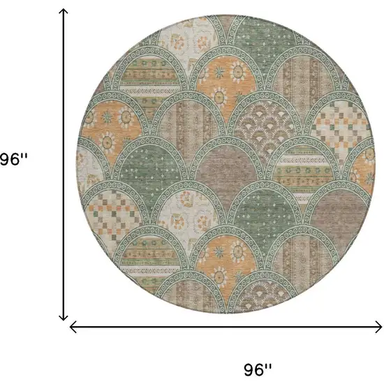 8' Green And Copper Round Geometric Washable Indoor Outdoor Area Rug Photo 5