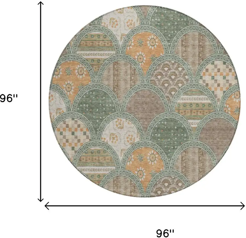 8' Green And Copper Round Geometric Washable Indoor Outdoor Area Rug Photo 5
