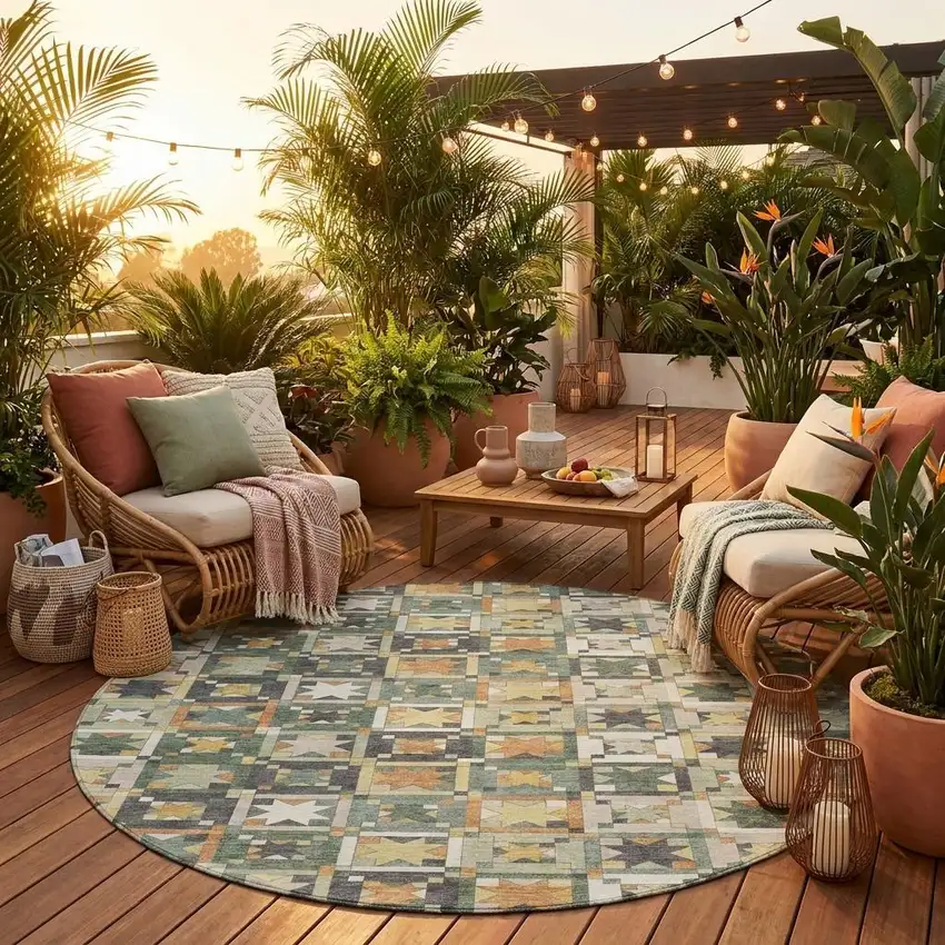 8' Green And Copper Round Patchwork Washable Indoor Outdoor Area Rug Photo 1