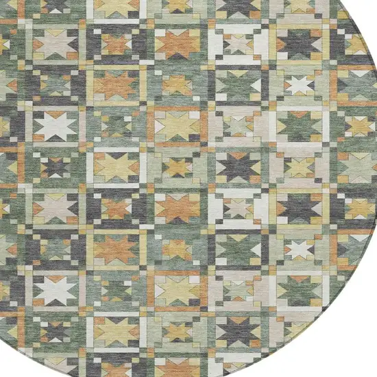 8' Green And Copper Round Patchwork Washable Indoor Outdoor Area Rug Photo 3