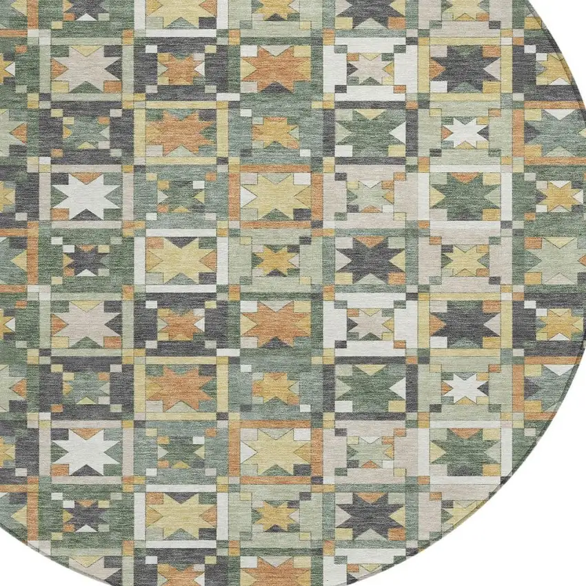 8' Green And Copper Round Patchwork Washable Indoor Outdoor Area Rug Photo 3