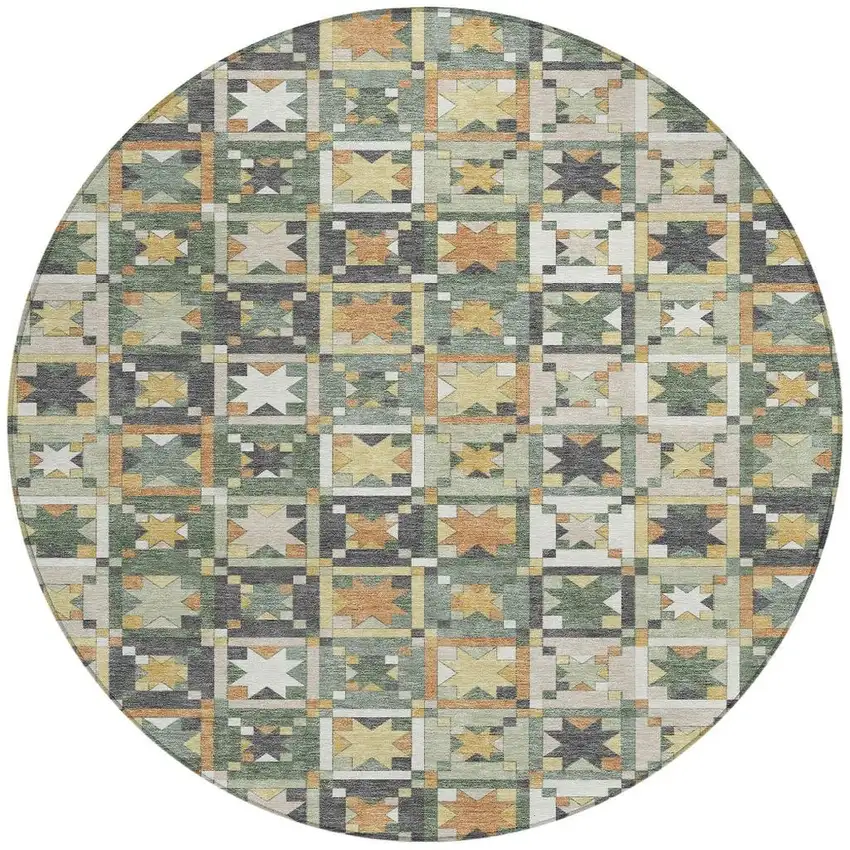 8' Green And Copper Round Patchwork Washable Indoor Outdoor Area Rug Photo 4