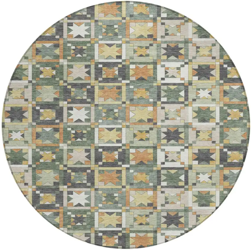 8' Green And Copper Round Patchwork Washable Indoor Outdoor Area Rug Photo 2